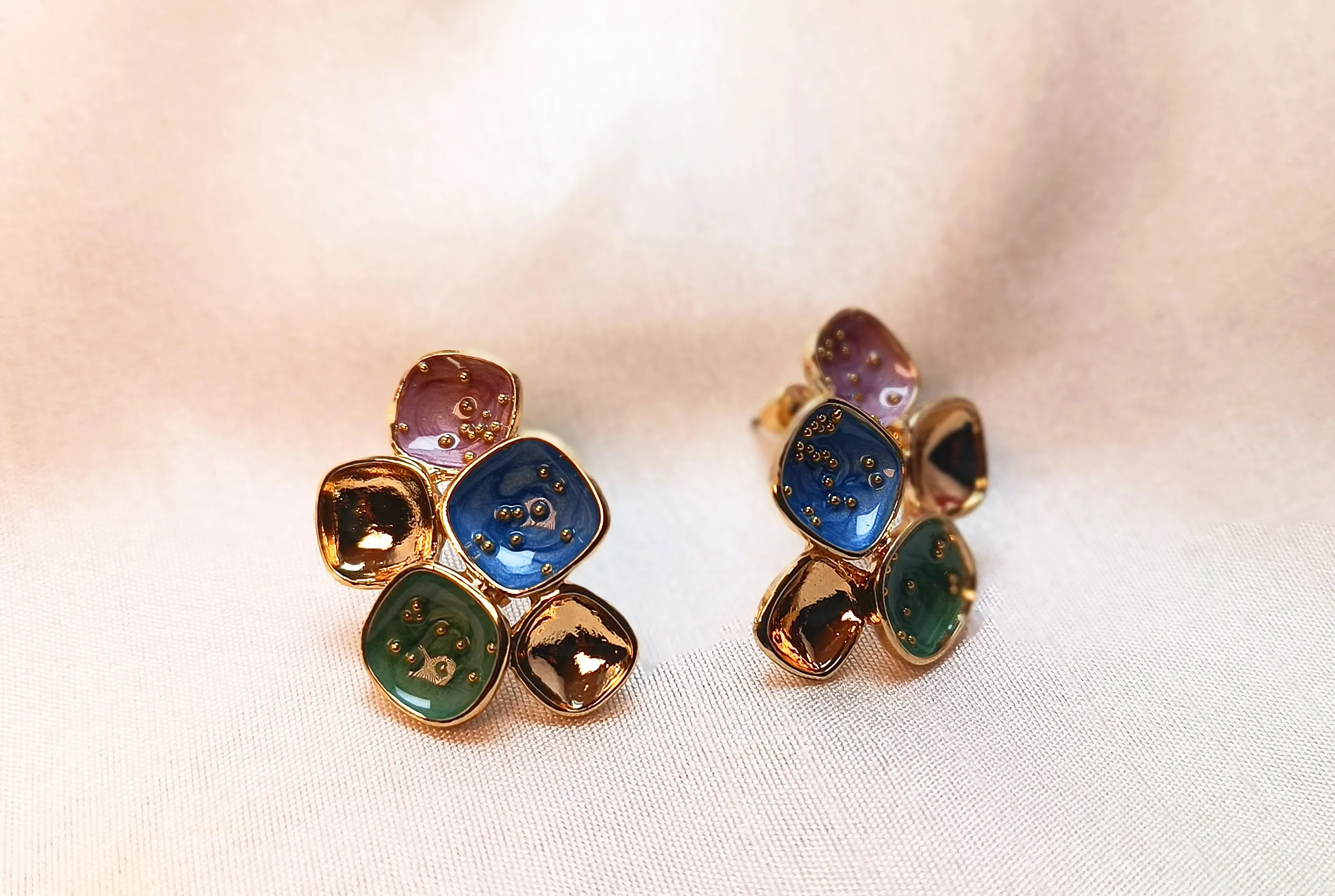 Multi-Color Enamel Mosaic Flower Stud Earrings – Gold Abstract Cluster Earrings